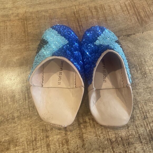 Le Toit de La Lune Handmade Leather Slippers Girls Size 8 Sequins Blue - Picture 7 of 10